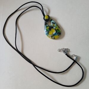 Fused glass necklace Yellow Black and turquoise